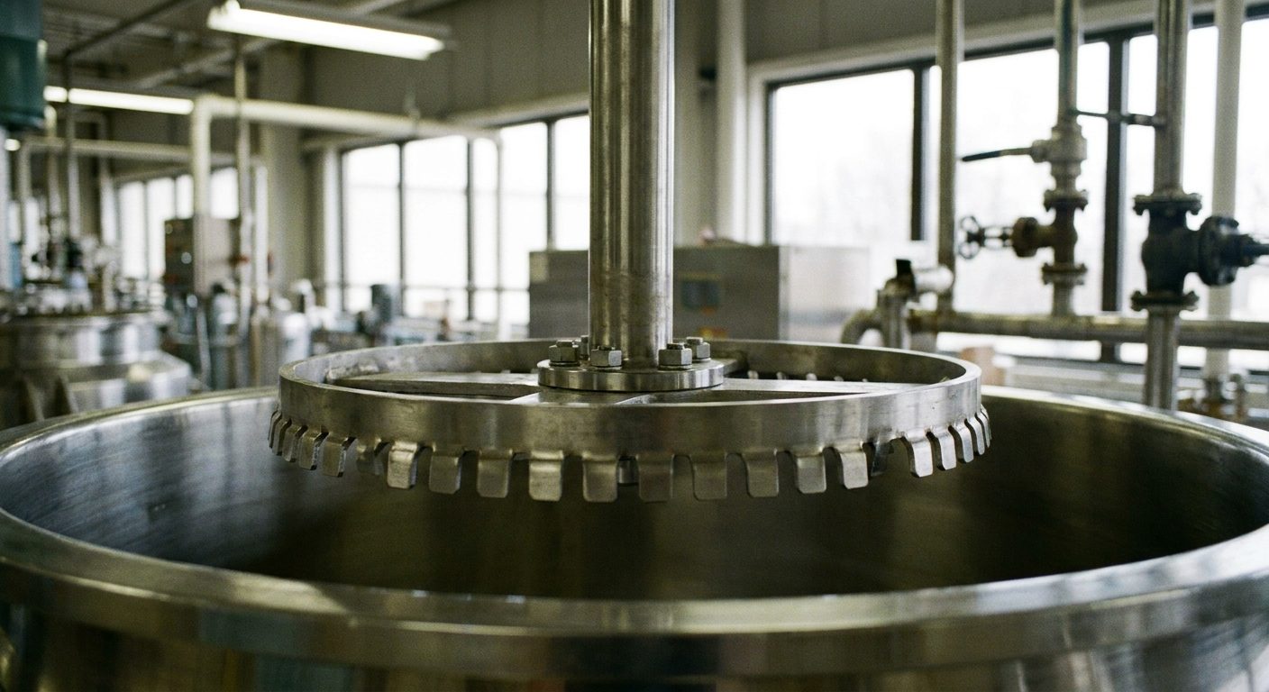 A stainless saw-tooth disperser blade on the end of a vertical shaft, raised clear of an empty mixing tank.