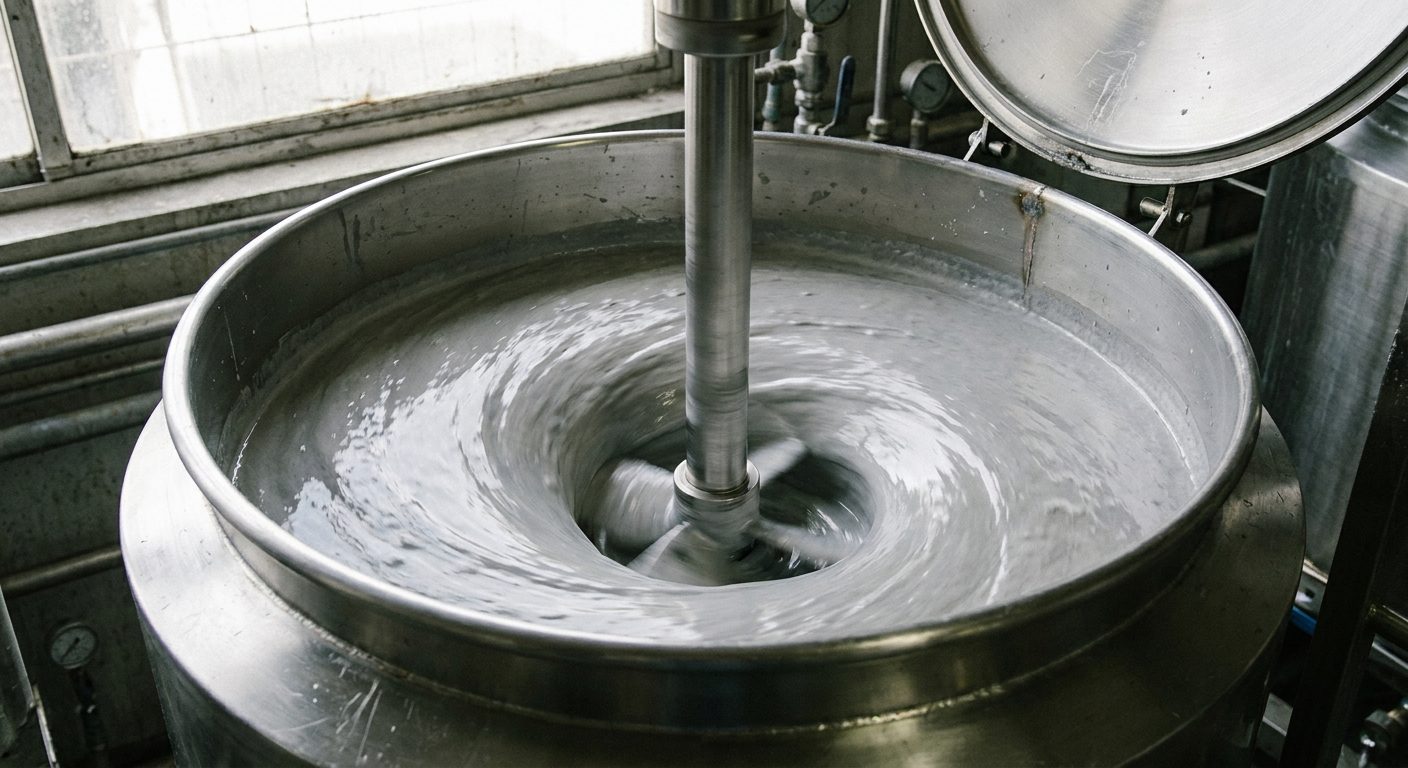 Looking down into a mixing tank as a disperser blade turns a pigment slurry in a rolling doughnut-shaped flow.
