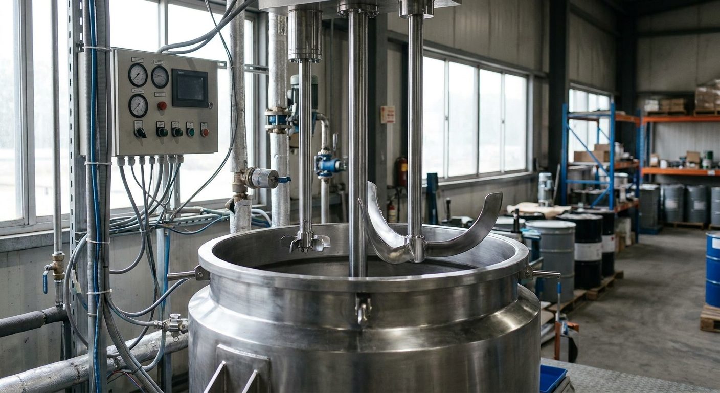 A dual-shaft mixer with a disperser shaft beside a slow anchor agitator over a jacketed stainless vessel.
