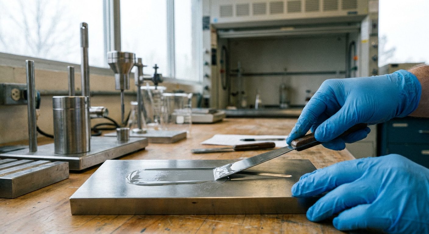 Gloved hands drawing down a sample of dispersed paint across a fineness-of-grind gauge.