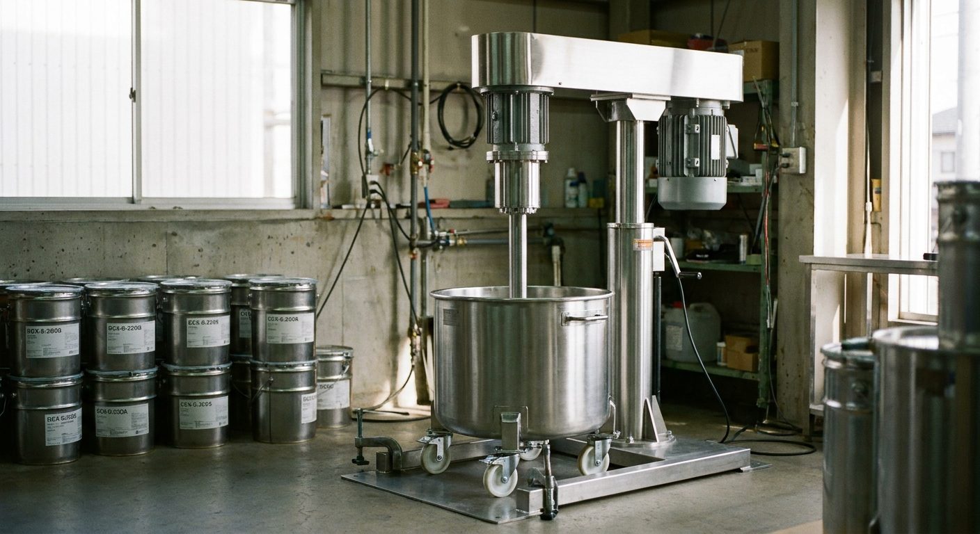 A floor-mounted high speed disperser on a hydraulic lift column above a portable stainless tank clamped in place.