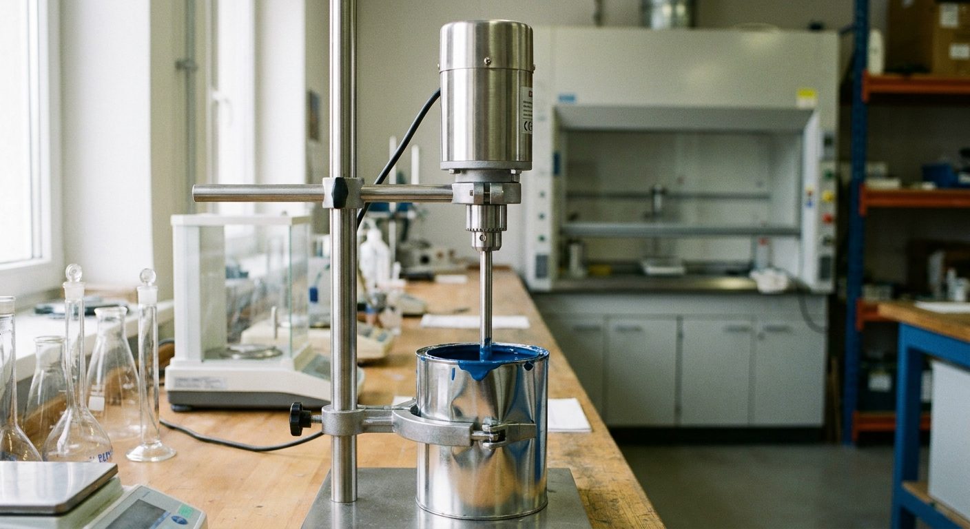 A benchtop laboratory disperser with its blade lowered into a small can of blue coating in a quality-control lab.