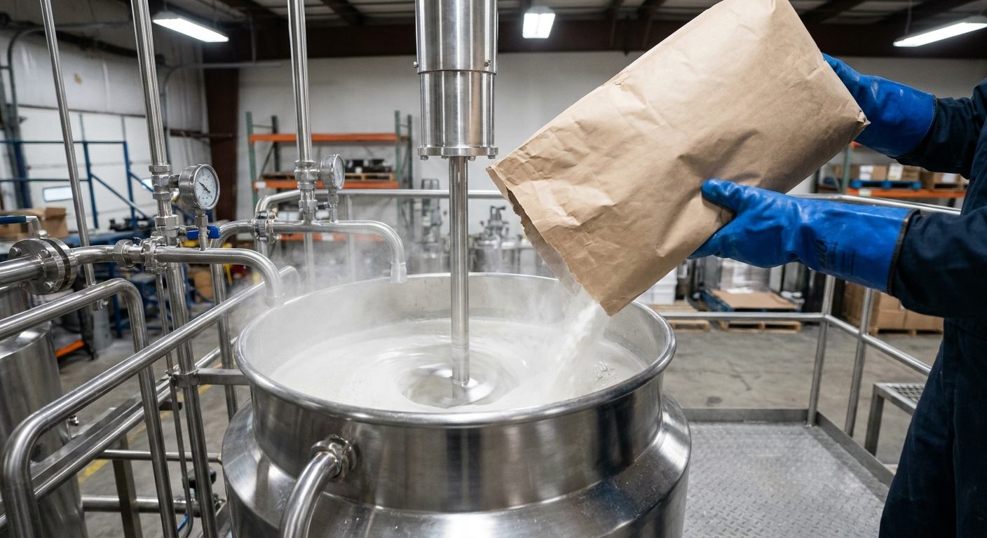 White pigment powder being added from a bag into a running disperser's vortex in a coatings plant.